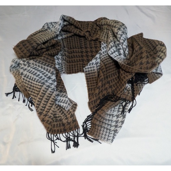 Unbranded Accessories - Unbranded Houndstooth Scarf Women OS Brown Excellent Oversized Fringe Wrap